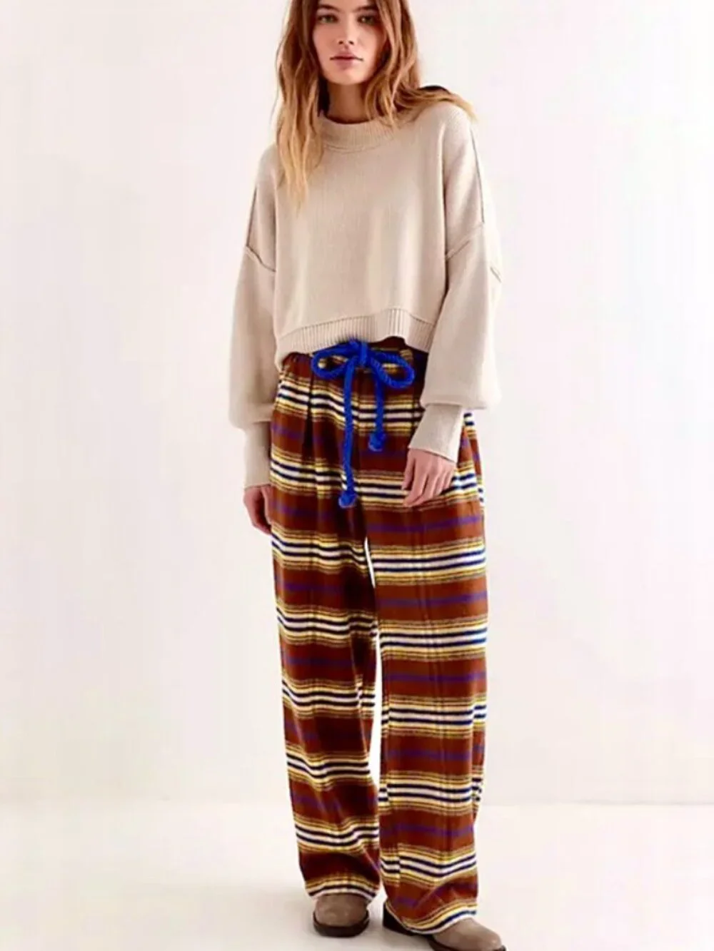 Free People Preppy Plaid Pull On Trousers Pants Striped Printed Straight Leg XS